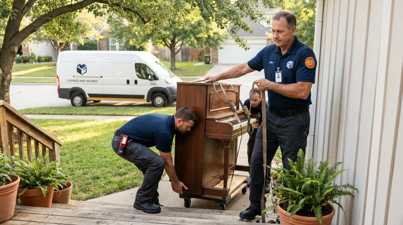 Licensed piano movers securing grand piano in Osceola, AR
