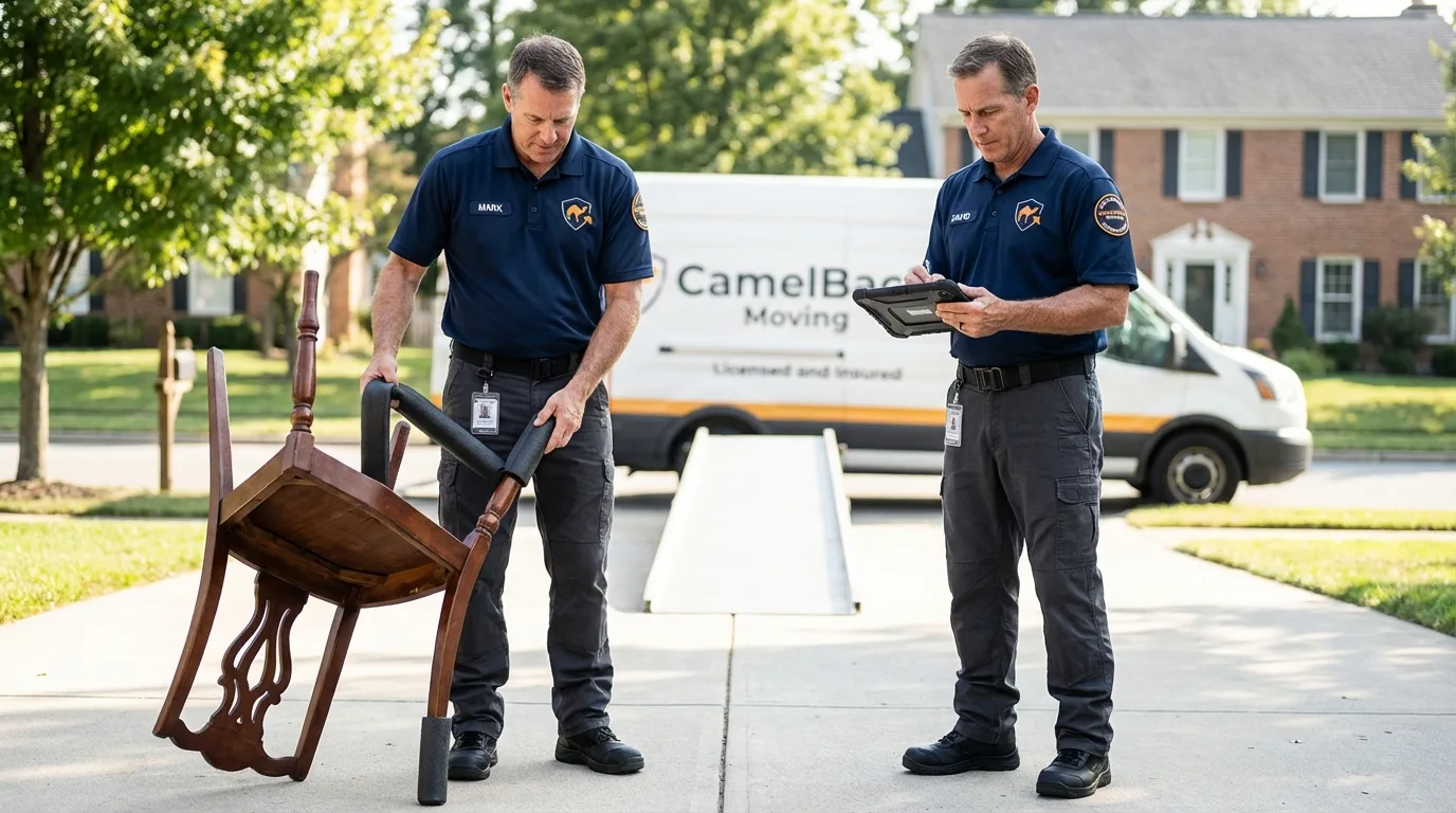 Movers inspecting furniture for damage prevention before loading in Osceola, AR
